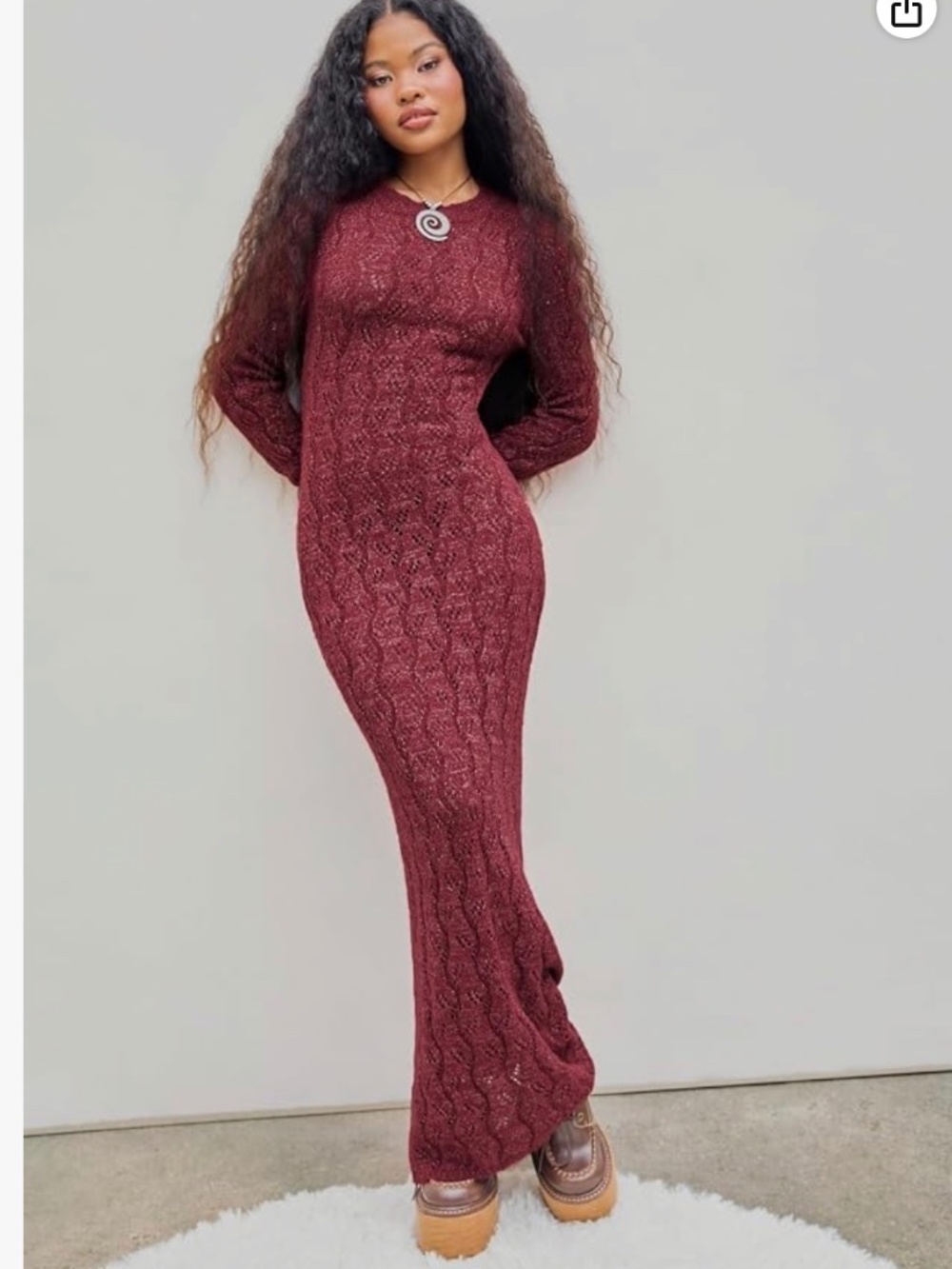 NWT Burgundy Long Sleeve Metallic Sweater Maxi Dress XS